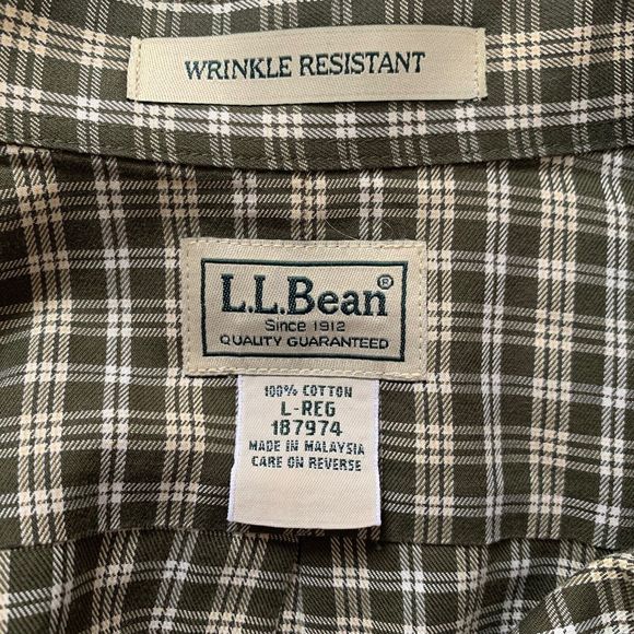LL Bean Button Down Shirt Men L Green Ivory Check Plaid Long Sleeve No Wrinkle - Picture 12 of 13